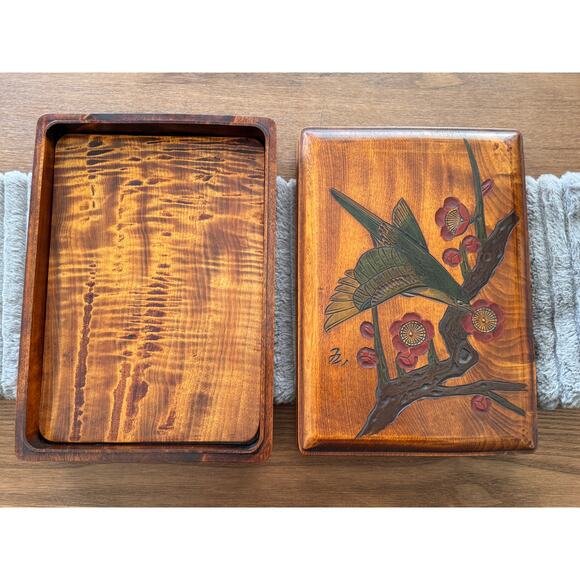 Vintage Japanese Urushi Lacquer Art Wooden Box, Handcarved Bird & Flower, Signed - Picture 3 of 16